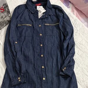Guess Navy Blue Denim Button-Front Shirt Dress with Gold Zippers - Girls Size 12